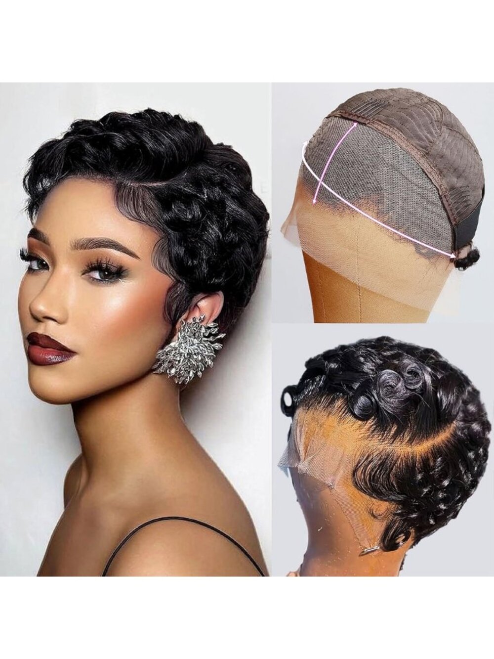 Short Curly Pixie Cut Lace Front Wig 100% Human Hair, Glueless Deep Wave Style